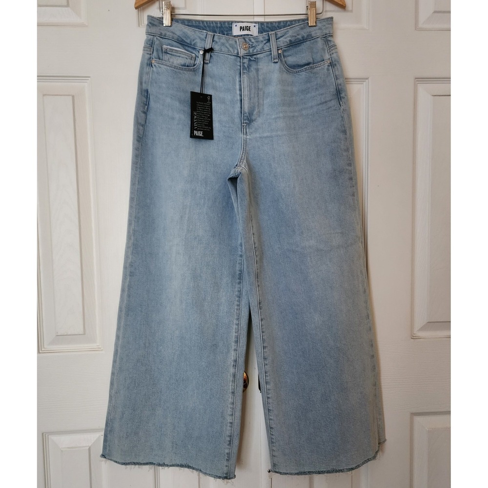 Paige Harper Ankle High Rise Wide Leg Jeans Light Wash Raw Hem 29 NEW
